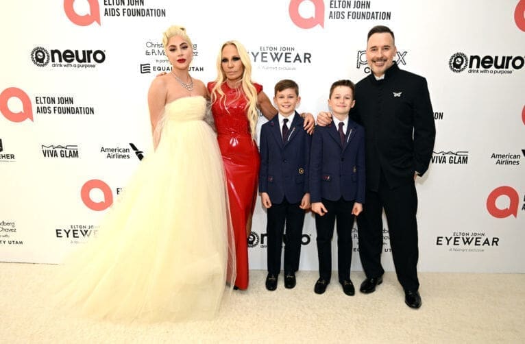 WEST HOLLYWOOD, CALIFORNIA - MARCH 27: (L-R) Lady Gaga, Donatella Versace, Zachary Jackson Levon Furnish-John, Elijah Joseph Daniel Furnish-John and David Furnish, Chairman of EJAF, attend the Elton John AIDS Foundation's 30th Annual Academy Awards Viewing Party on March 27, 2022 in West Hollywood, California. (Photo by Michael Kovac/Getty Images for Elton John AIDS Foundation)